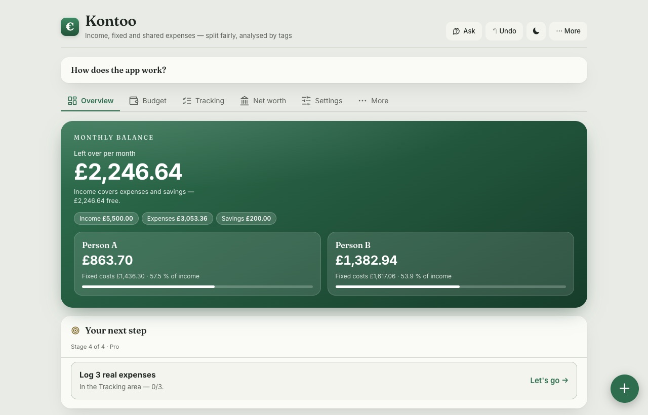 Kontoo overview — how much is left to spend this month, split fairly between two people