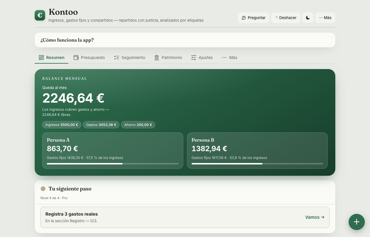 Vista general de Kontoo: cuánto queda este mes, repartido de forma justa entre dos personas